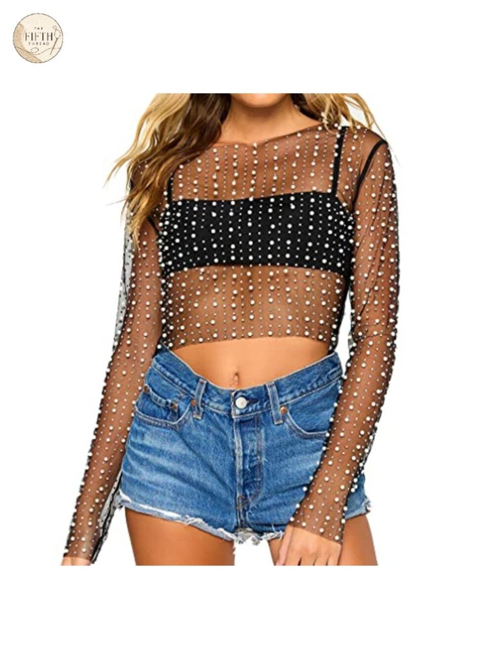 Naileksi Pearl Rhinestone Sheer Mesh Crop Top Long Sleeve Slim Fit Blouse